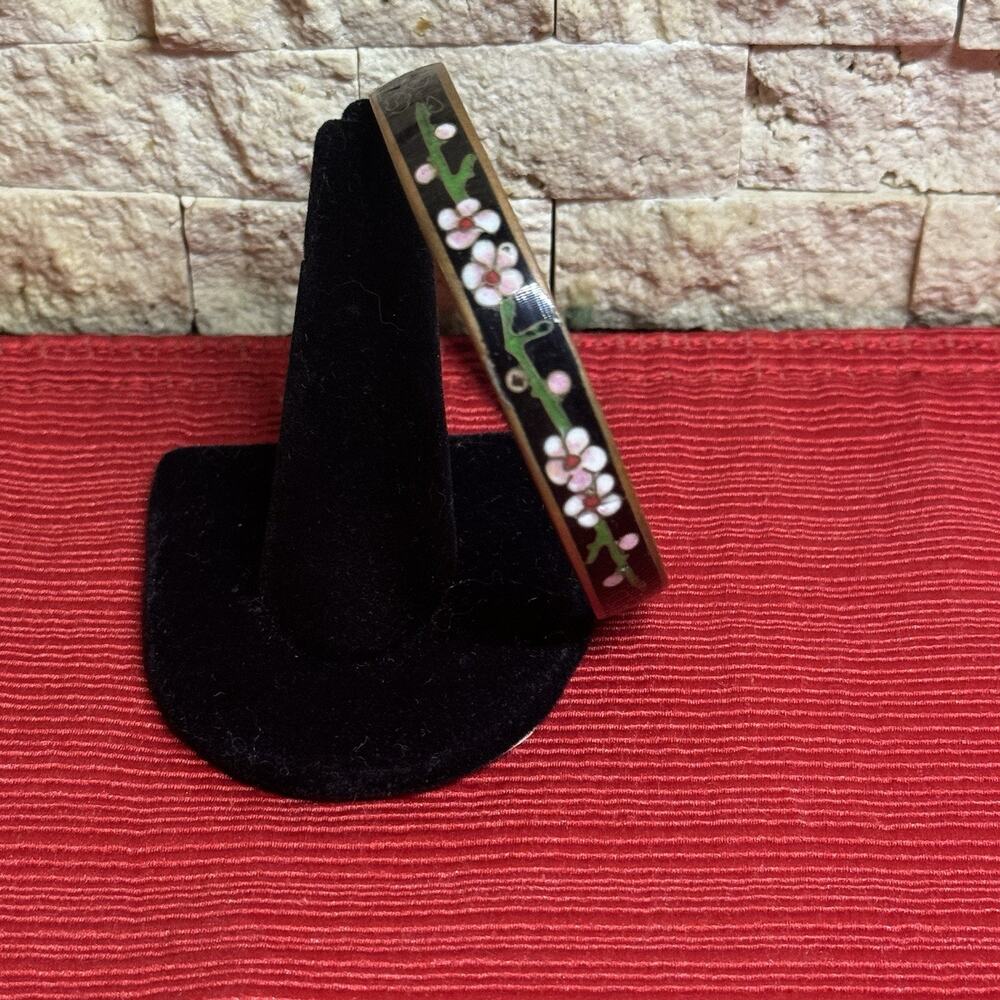 Vintage Hand Painted Cloisonne Flowers Black Enamel And Copper‎ Bracelet